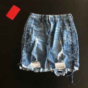 Distressed denim skirt